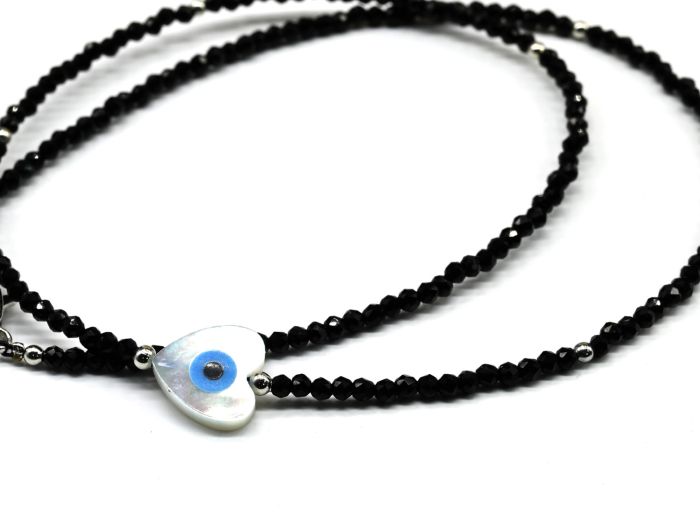 Amulet against the evil eye on a black spinel choker ball 2mm, heart pendant 10*10mm, 40cm