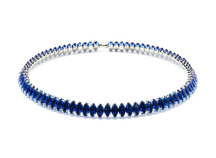 Hard choker necklace with zircons of blue flowers, 33cm