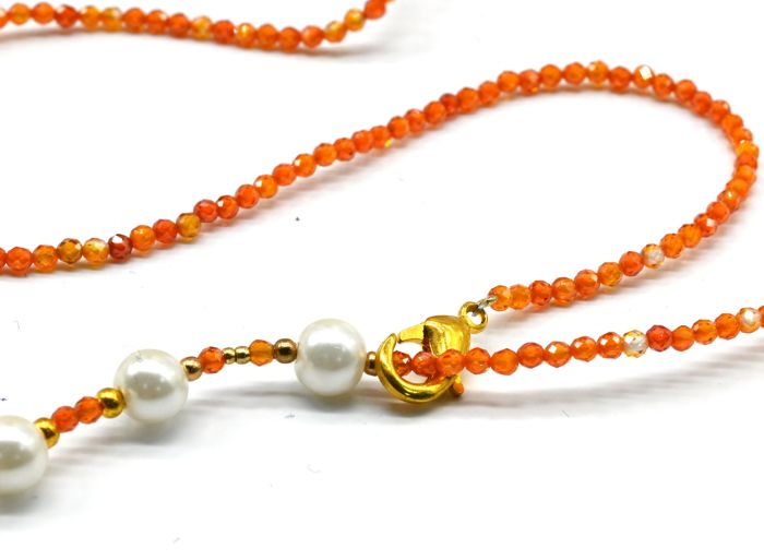 Choker on the neck made of cubic zirconia ball 2mm with pearls, orange color, 40cm