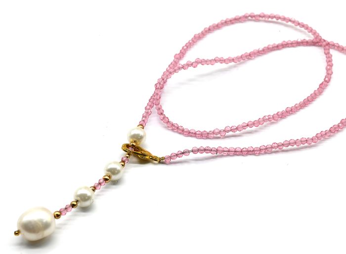 Choker on the neck made of cubic zirconia ball 2mm with pearls, pink, 40cm