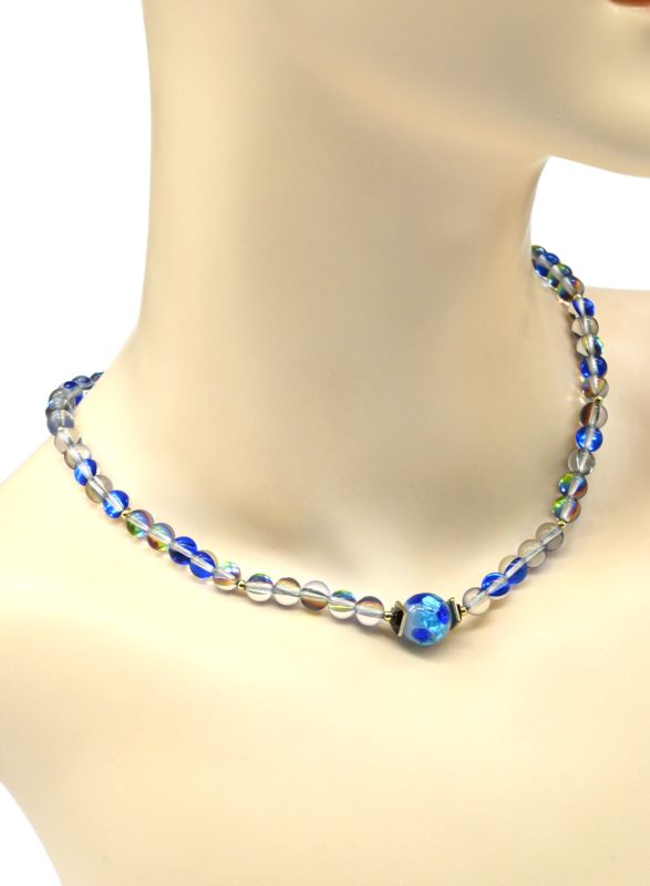 Choker and bracelet made of synthetic opal ball 6mm blue, 41cm, 18cm