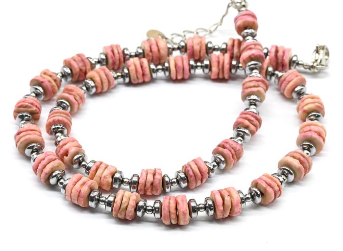 Shell choker 6mm discs with hematite, pink, silver, 40cm