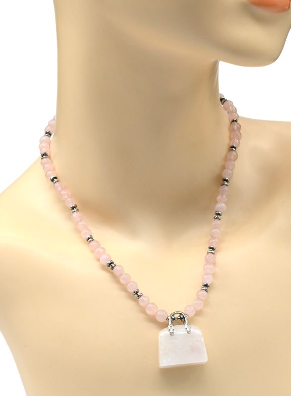 Choker with Pendant Handbag 25*27mm Rose quartz ball 6mm, 43cm