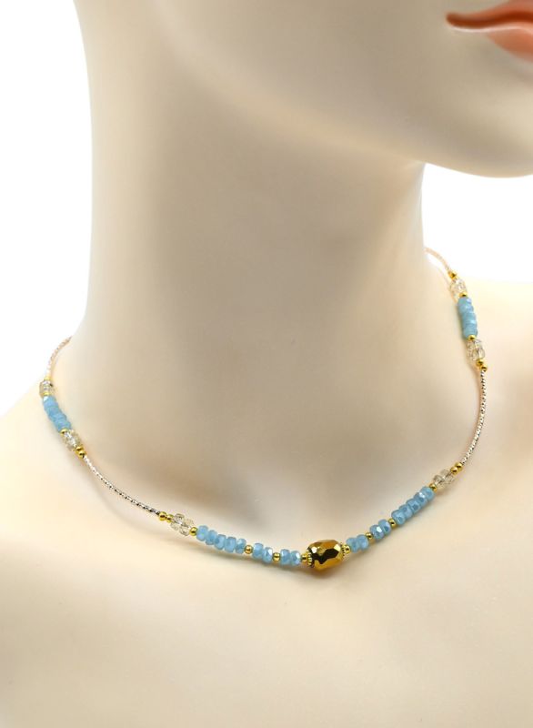 Choker with zircon rondel 4mm, barrel 7*8mm blue, golden, 39cm