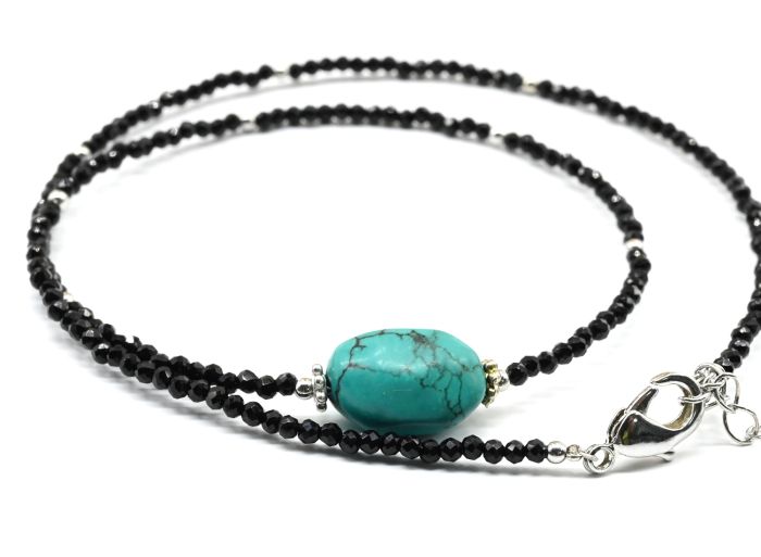 Choker on the neck made of black spinel with artificial turquoise pendant, 39cm