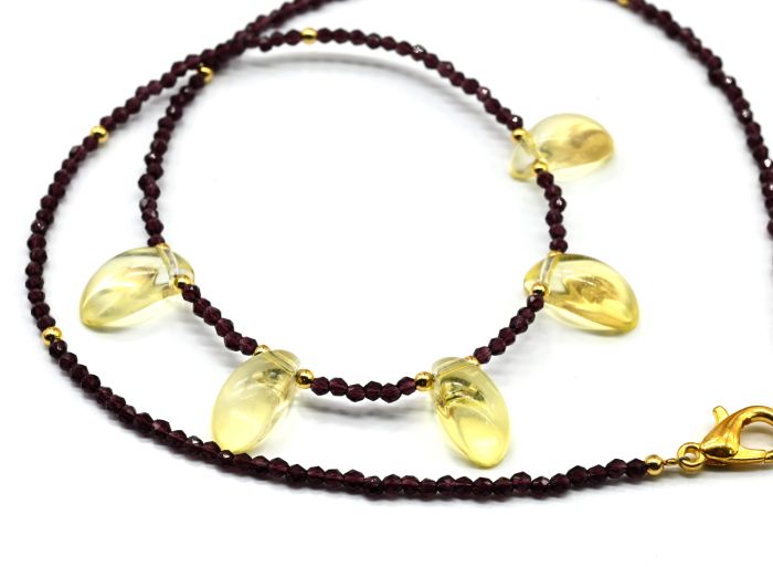 Purple spinel choker with Drop pendant 6*12 yellow, 39cm