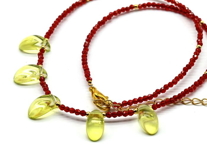 Red Spinel choker with Drop pendant 6*12mm yellow color, 39cm