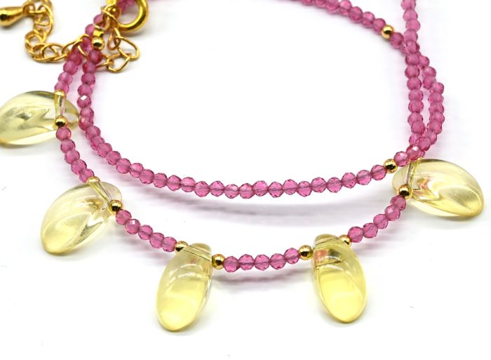 Pink spinel choker with Drop pendant 6*12mm yellow color, 39cm