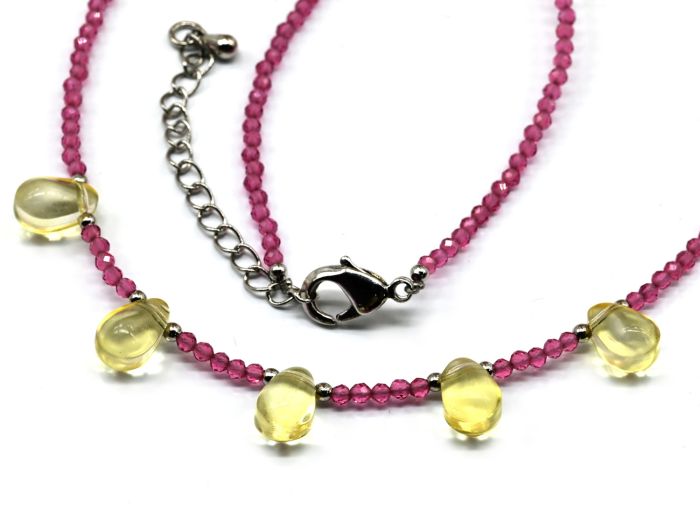 Pink spinel choker with Drop pendant 6*9mm yellow color, 39cm