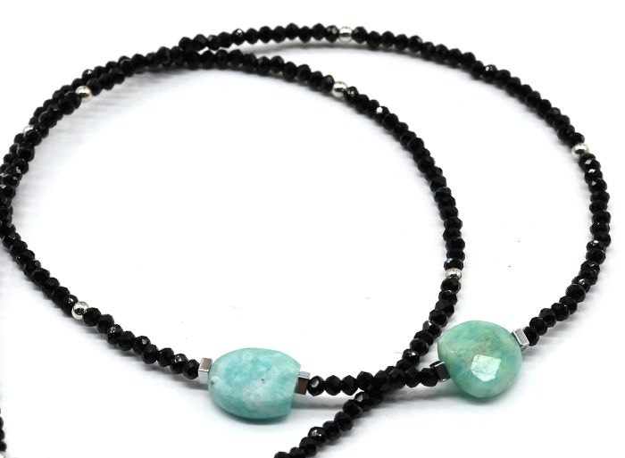 Black spinel choker with amazonite pendant, 40cm