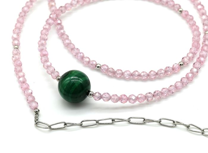 Choker for women made of cubic zirconia ball 3mm pink, malachite ball 10mm, 45cm