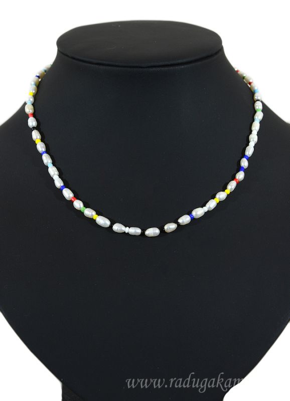 Pearl choker oval 3*6mm with beads, 40cm