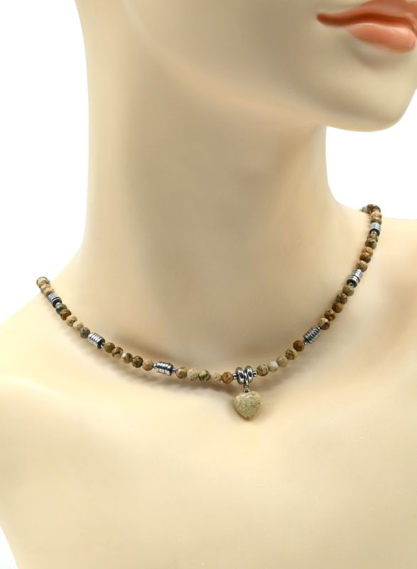 Beige jasper choker with Heart pendant and hematite ball 4mm, 43cm