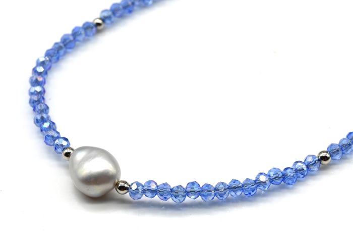 Zircon choker with pearl ball 3mm blue color, 39cm