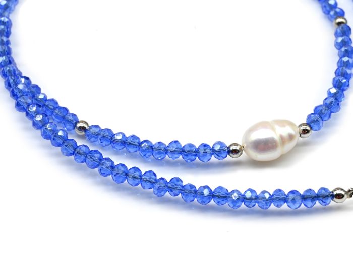 Zircon choker with pearl ball 3mm blue color, 39cm