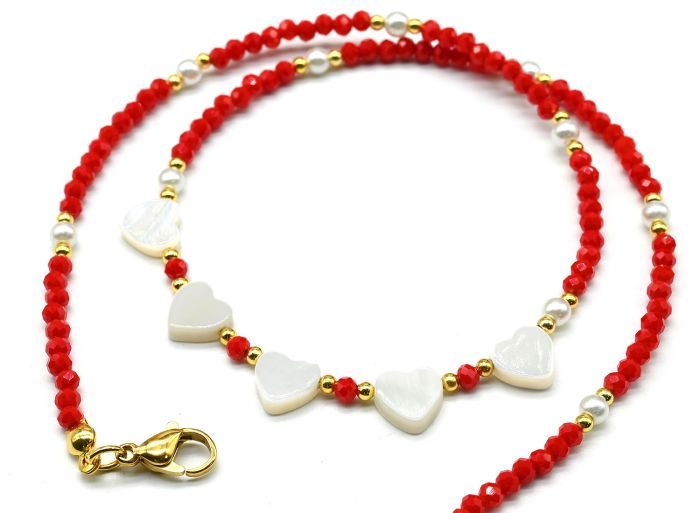 Zircon choker with Heart pendants, red, 41cm