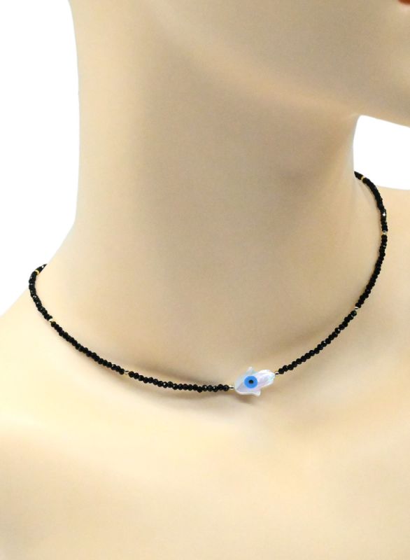 Hamsa amulet on a choker made of black spinel ball 2mm, 40cm.