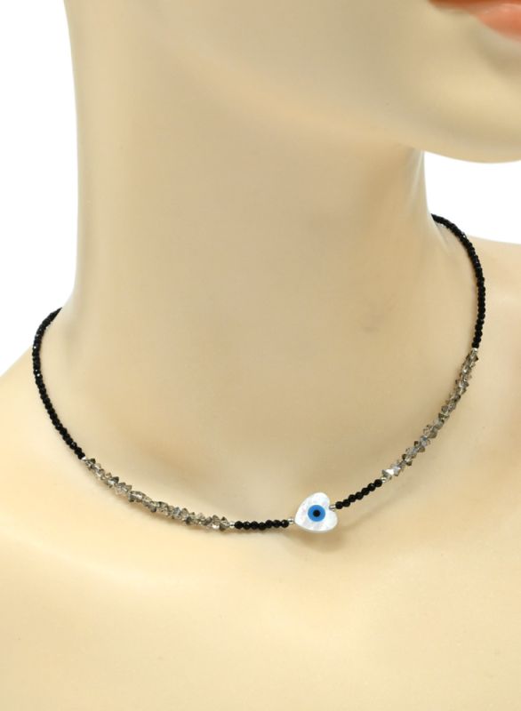 Amulet against the evil eye on a black spinel choker ball 2mm, heart pendant 10*10mm, 39cm