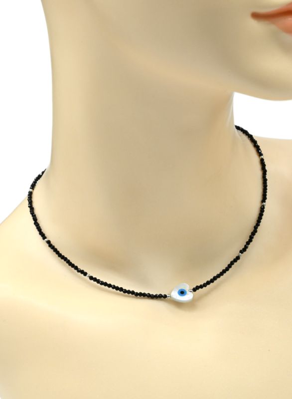 Amulet against the evil eye on a black spinel choker ball 2mm, heart pendant 10*10mm, 40cm