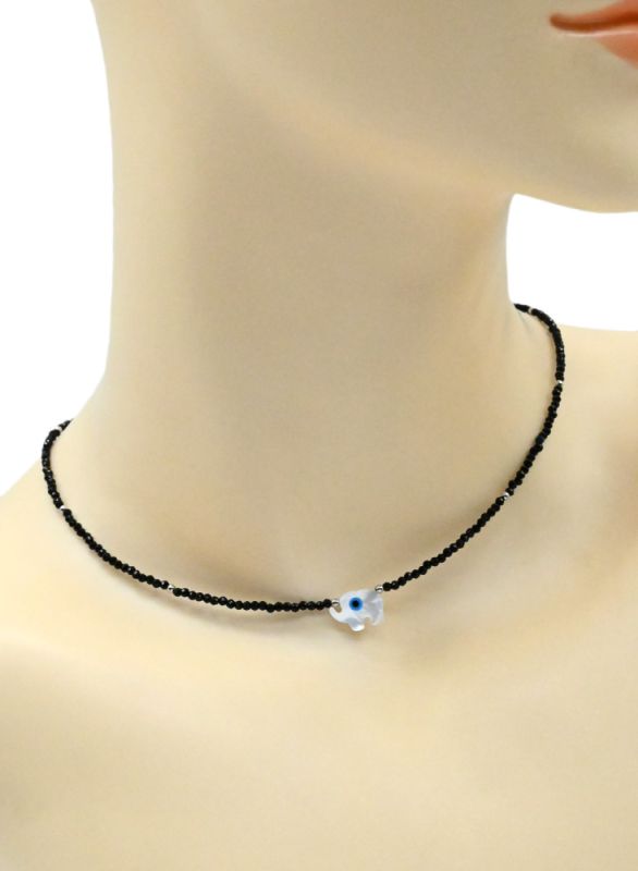 Amulet against the evil eye on a black spinel choker ball 2mm, elephant pendant 9*12mm, 40cm