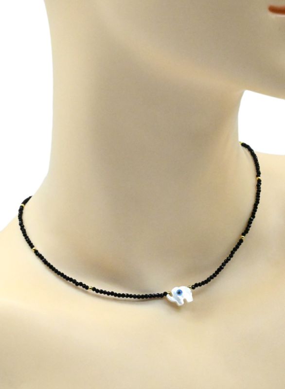 Amulet against the evil eye on a black spinel choker ball 2mm, elephant pendant 9*12mm, 40cm