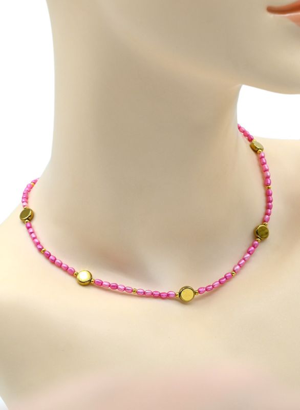 Pearl choker oval 3*4mm, circle 8mm pink, 39cm