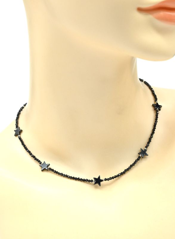 Choker on the neck made of cubic zirconia ball 2mm with an insert of hematite star 8*8mm color black, 39cm