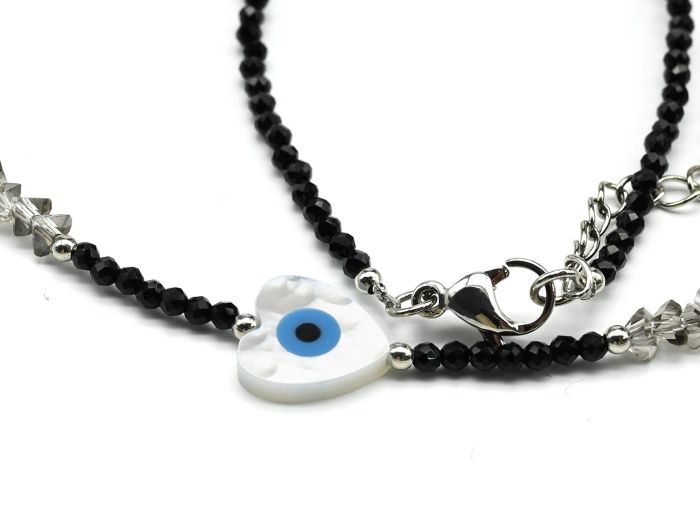 Amulet against the evil eye on a black spinel choker ball 2mm, heart pendant 10*10mm, 39cm