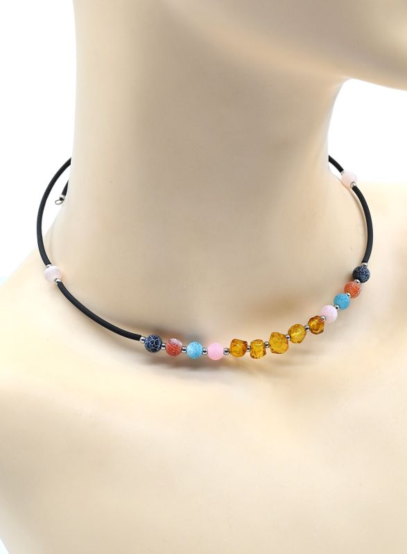 Choker and bracelet with tinted agate party and amber assorted color, honey, 43cm, 17cm