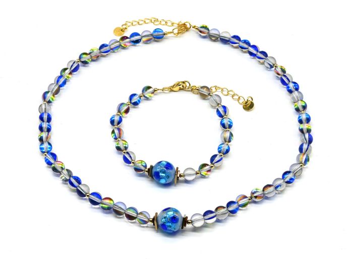 Choker and bracelet made of synthetic opal ball 6mm blue, 41cm, 18cm