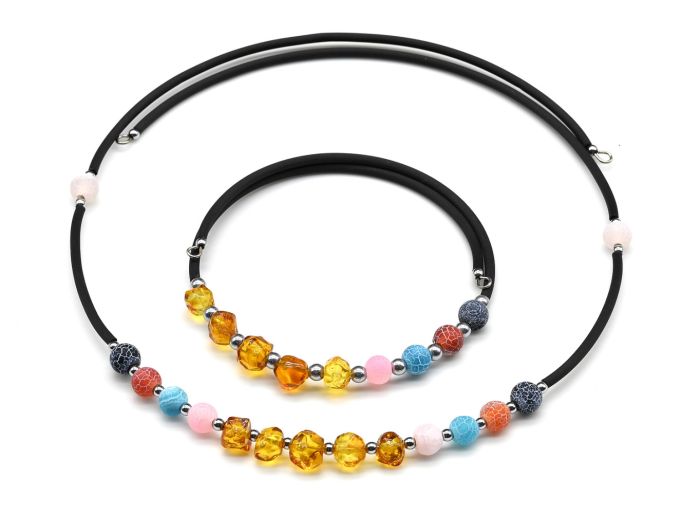 Choker and bracelet with tinted agate party and amber assorted color, honey, 43cm, 17cm