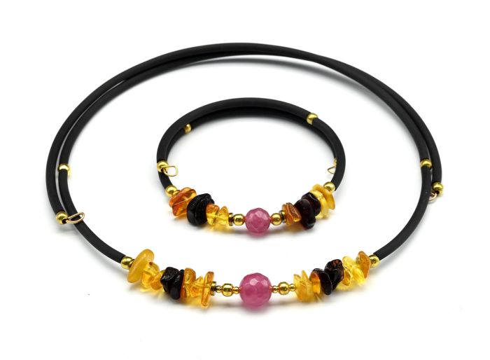 Choker and bracelet with tinted agate and amber, rose, honey, 43cm, 17cm