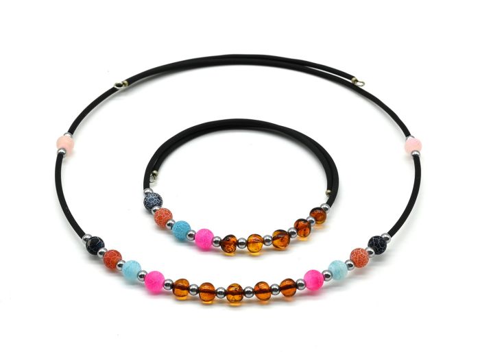 Choker and bracelet with amber and agate party tinted cognac color, assorted, 38cm, 17cm