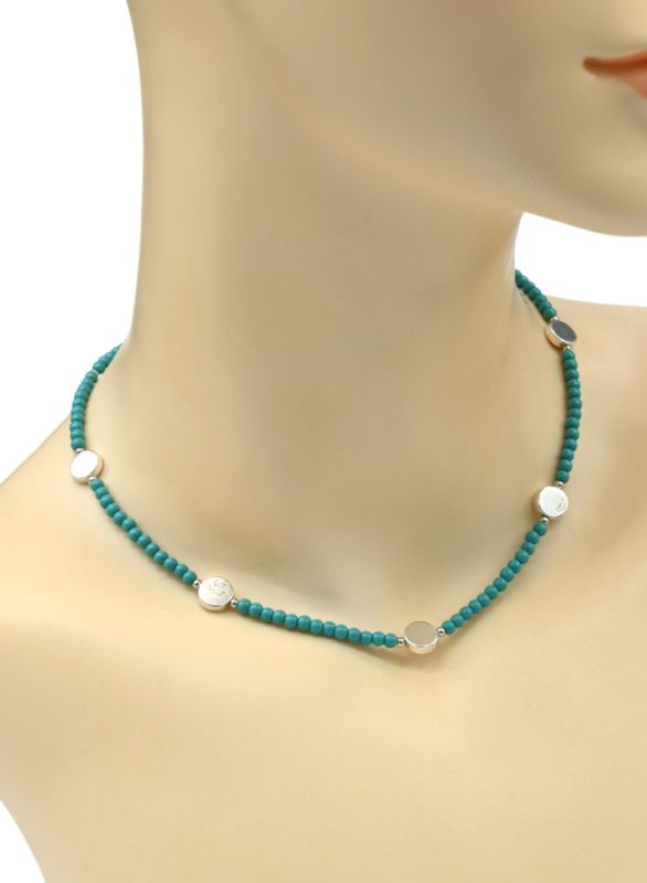 Choker made of beads "Circle" ball 3mm turquoise color, 39cm.