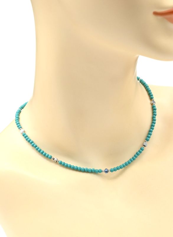 Choker made of beads "Hearts" ball 3mm turquoise color, 39cm