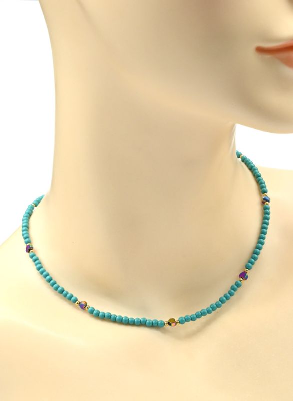 Choker made of beads "Hearts" ball 3mm turquoise color, 39cm