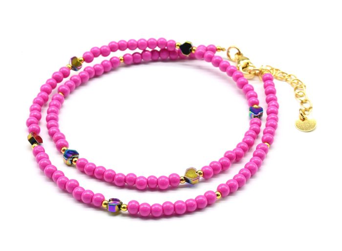 Choker made of beads "Hearts" ball 3mm fuchsia, 39cm