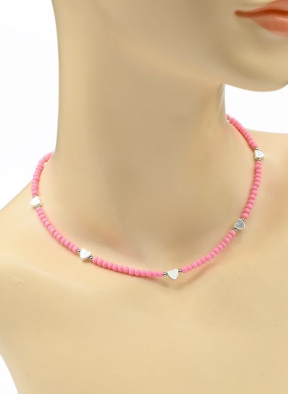 Choker made of beads "Hearts" ball 3mm pink, 39cm