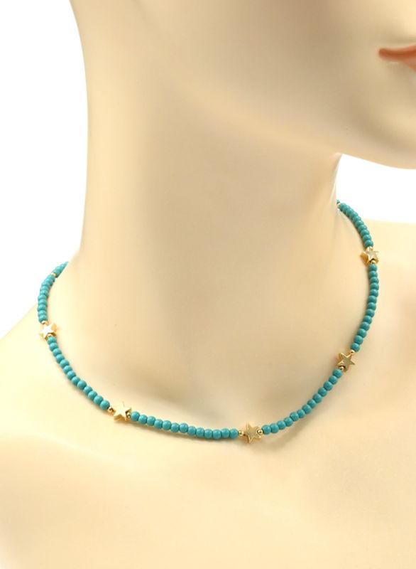 Choker made of beads "Stars" ball 3mm turquoise color, 39cm