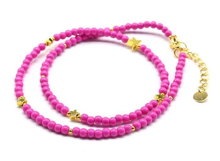 Choker made of beads "Stars" ball 3mm fuchsia, 39cm