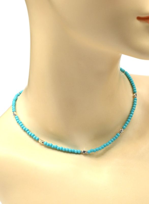 Choker made of beads "Stars" ball 3mm blue color, 39cm.