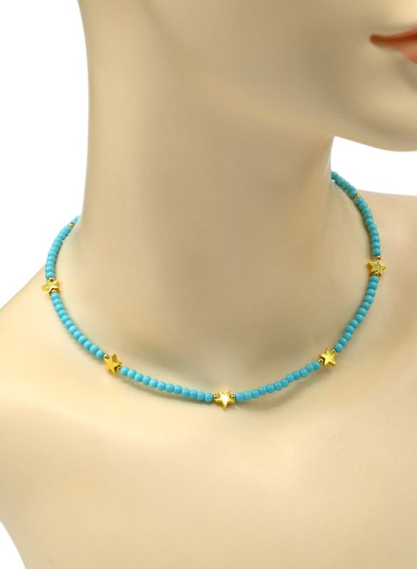 Choker made of beads "Stars" ball 3mm blue color, 39cm.