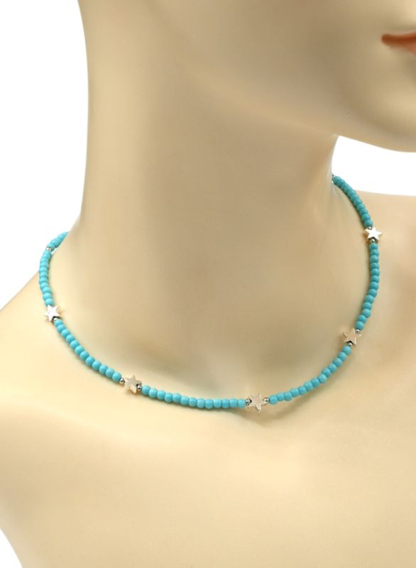 Choker made of beads "Stars" ball 3mm blue color, 39cm.