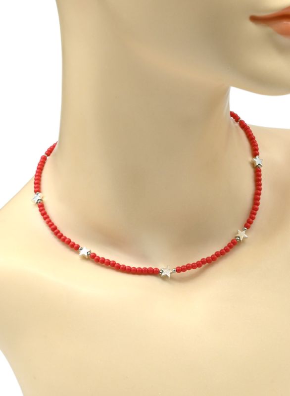 Choker made of beads "Stars" ball 3mm coral flower, 39cm.