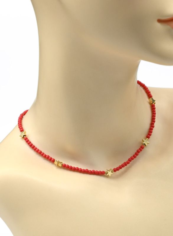 Choker made of beads "Stars" ball 3mm coral flower, 39cm.