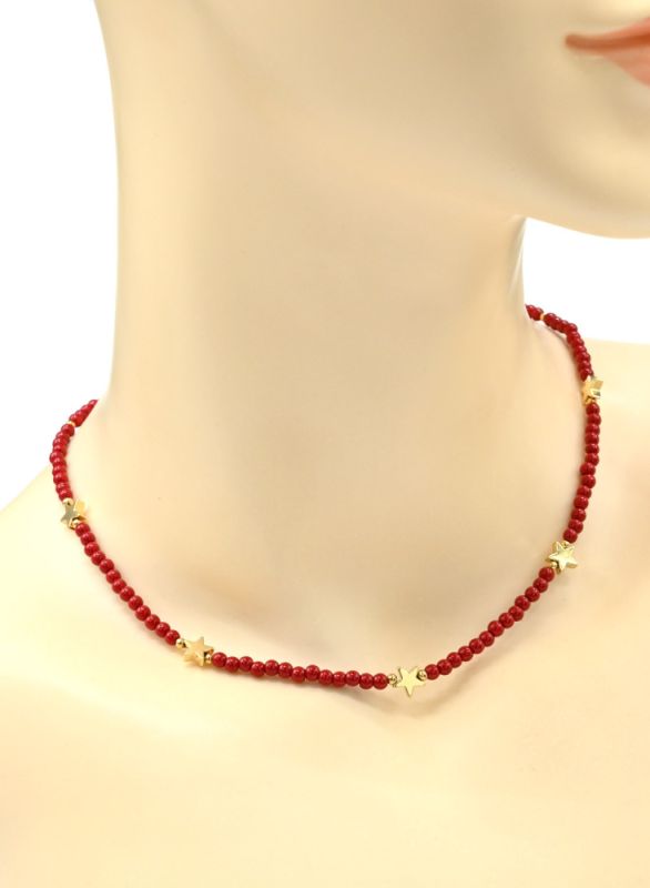 Choker made of beads "Stars" ball 3mm color red, 39cm