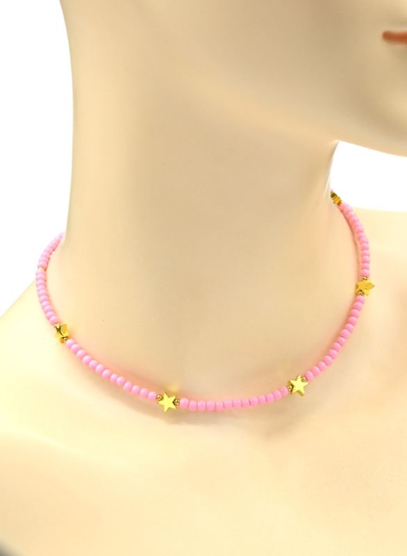 Choker made of beads "Stars" ball 3mm pink, 39cm