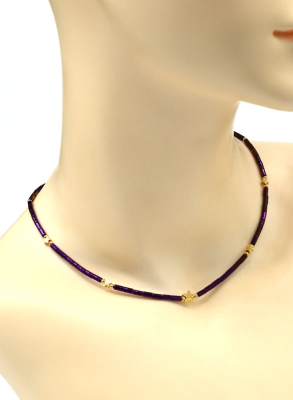 Choker made of Czech glass "Stars" cylinder 2*4mm color violet chameleon, 40cm