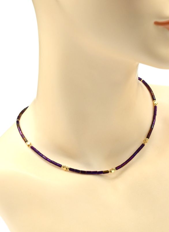 Choker made of Czech glass "Stars" cylinder 2*4mm color violet chameleon, 40cm