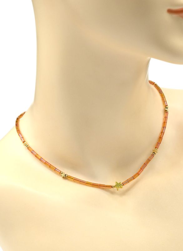 Choker made of Czech glass "Stars" cylinder 2*4mm orange chameleon, 40cm